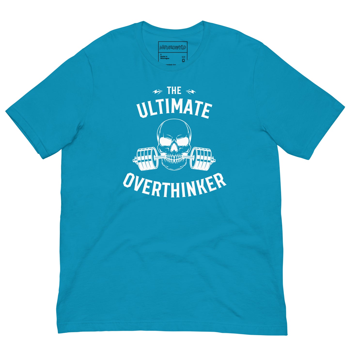 aqua blue t-shirt featuring a bold white graphic of a skull biting a barbell with weights. Above and below the design, text reads: 'The Ultimate Overthinker.'