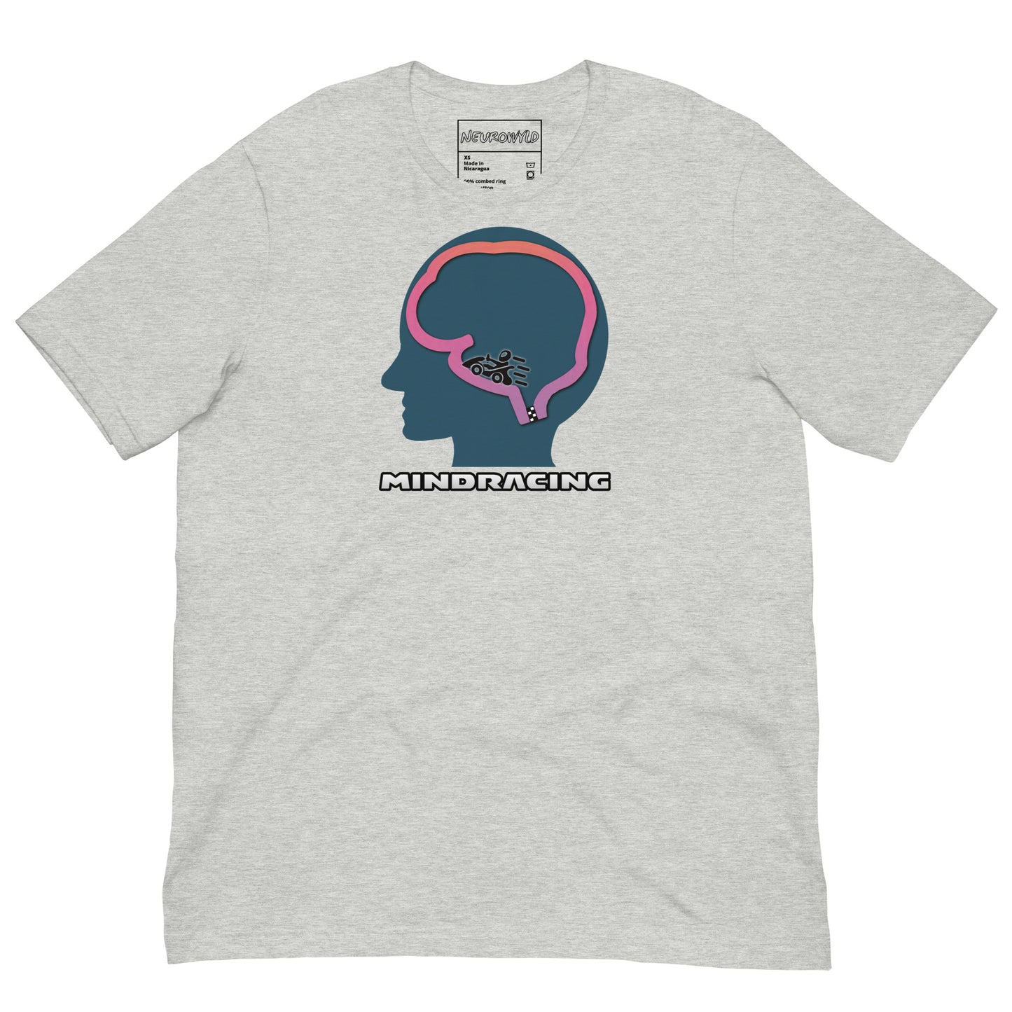 gray t-shirt featuring a silhouette of a head with a racecar speeding around a brain-shaped track inside. Bold text below reads 'Mindracing'.