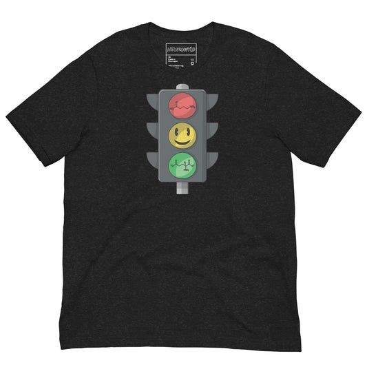 Black t-shirt with a traffic light emoji design on a white background
