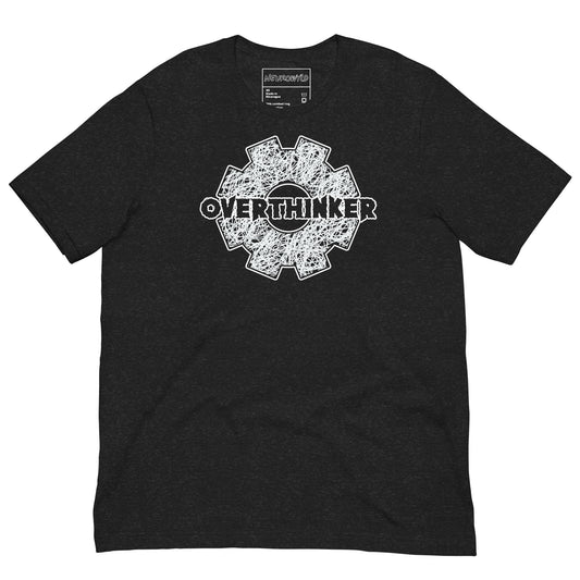 Black t-shirt with a white gear-shaped graphic filled with chaotic scribble lines and the word ‘Overthinker’ bold across the center.