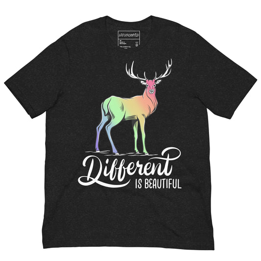 black t-shirt featuring a colorful gradient deer illustration with rainbow hues across its body. Below the deer, bold white script reads 'Different is Beautiful.'