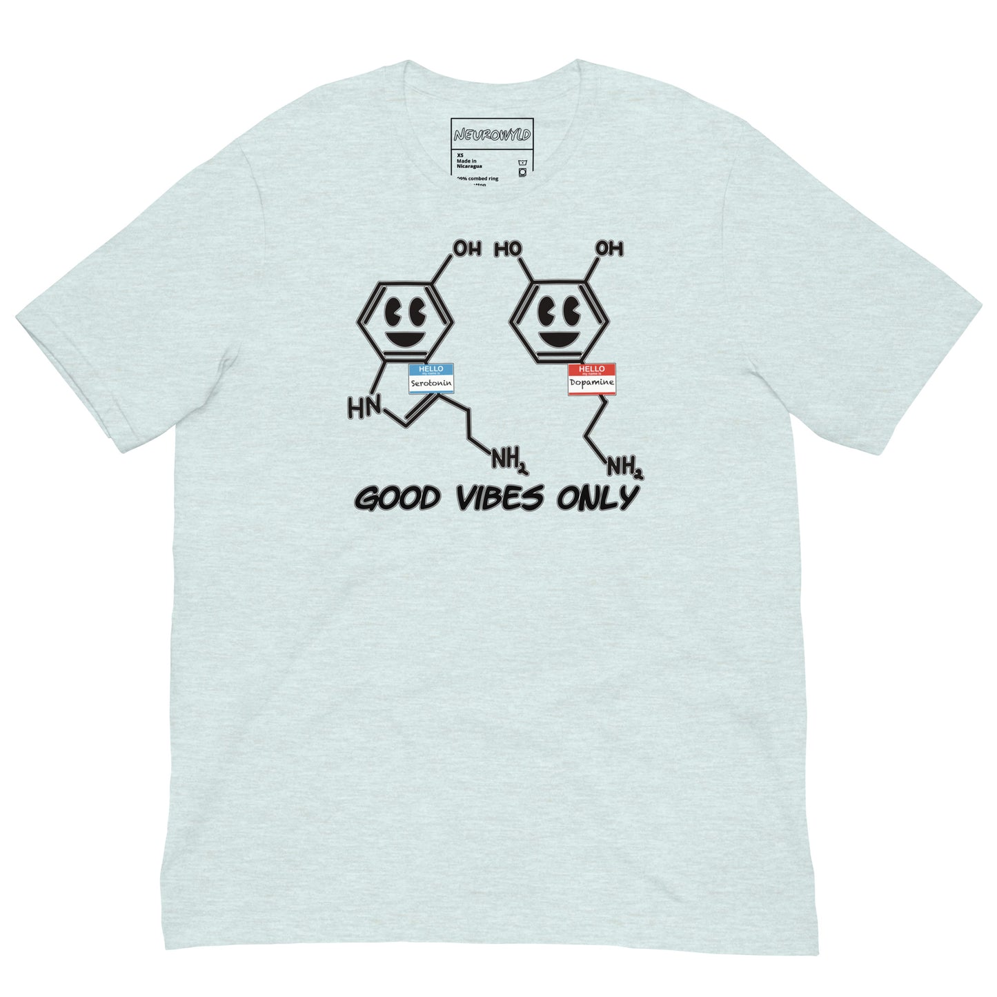 blue t-shirt featuring cartoon serotonin and dopamine molecules with smiling faces and name tags. Below them, bold black text reads 'Good Vibes Only'.