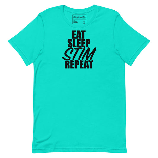 Blue t-shirt with bold black text that reads ‘EAT SLEEP STIM REPEAT,’ celebrating stimming and neurodivergent pride in a minimalist statement design.