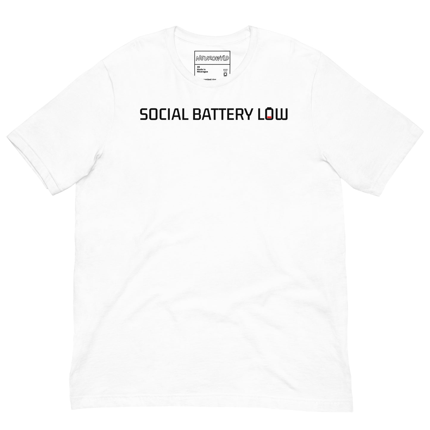 white t-shirt with bold black text reading ‘SOCIAL BATTERY LOW,’ featuring a small red low-battery icon at the end, symbolizing introvert and neurodivergent humor.