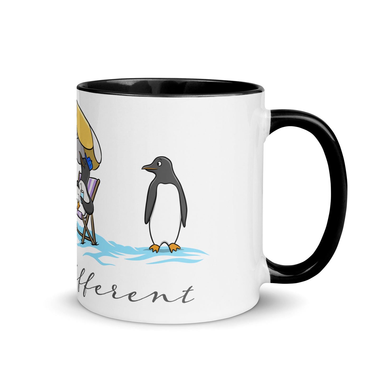 White ceramic mug with black interior featuring a beach scene of penguins and the phrase “Dare To Be Different” — playful neurodivergent identity design