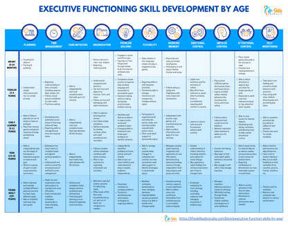 Infographic titled “Executive Functioning Skill Development by Age,” showing 11 executive functioning categories with developmental milestones from infancy through young adulthood