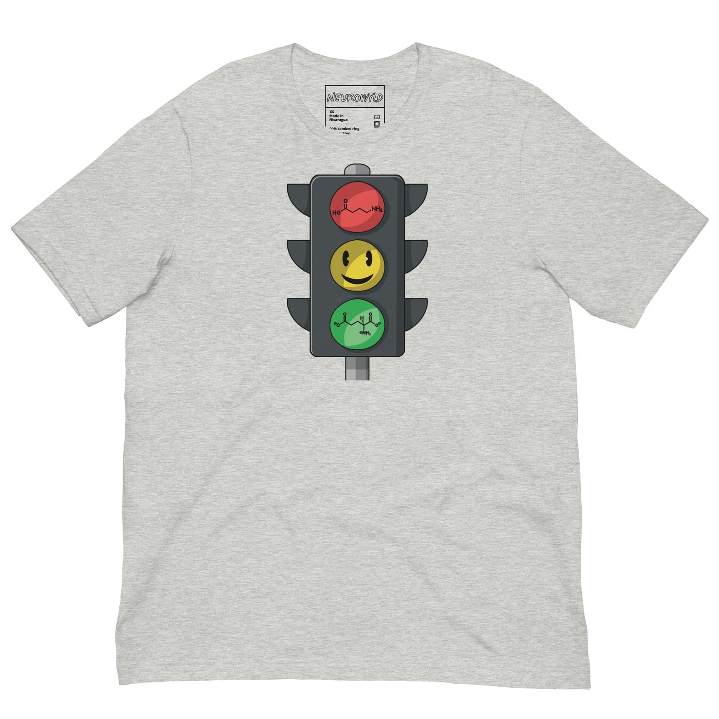 Gray t-shirt with a traffic light graphic on a white background
