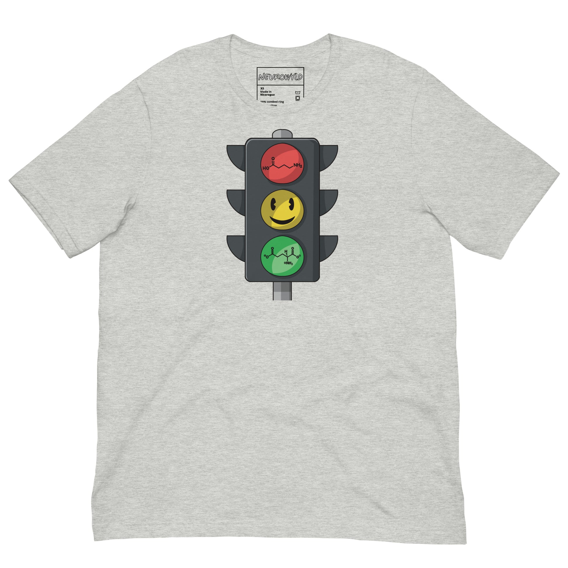 Gray t-shirt with a traffic light graphic on a white background