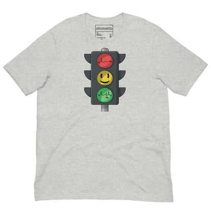 Gray t-shirt with a traffic light graphic on a white background