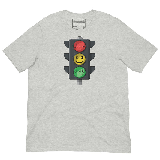 Gray t-shirt with a traffic light graphic on a white background
