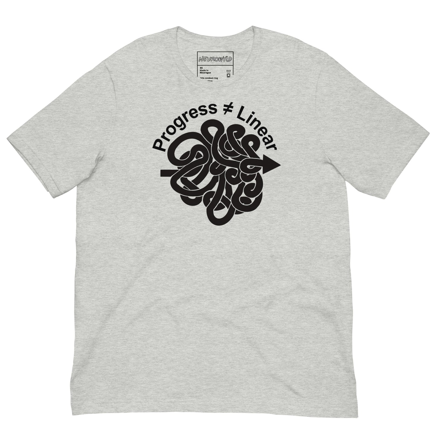 Light gray t-shirt with a bold black graphic of a winding arrow forming a knot, paired with the phrase ‘Progress ≠ Linear’ above the design.