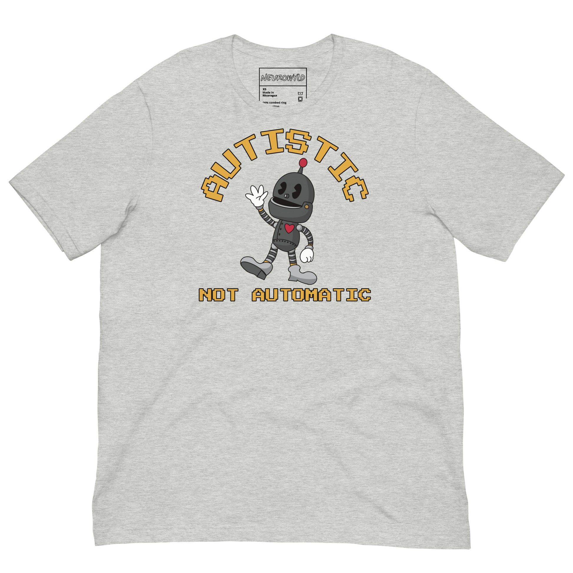 Gray t-shirt with a cartoon robot graphic and pixel-style text that reads ‘Autistic Not Automatic,’ celebrating neurodiversity with retro design flair.