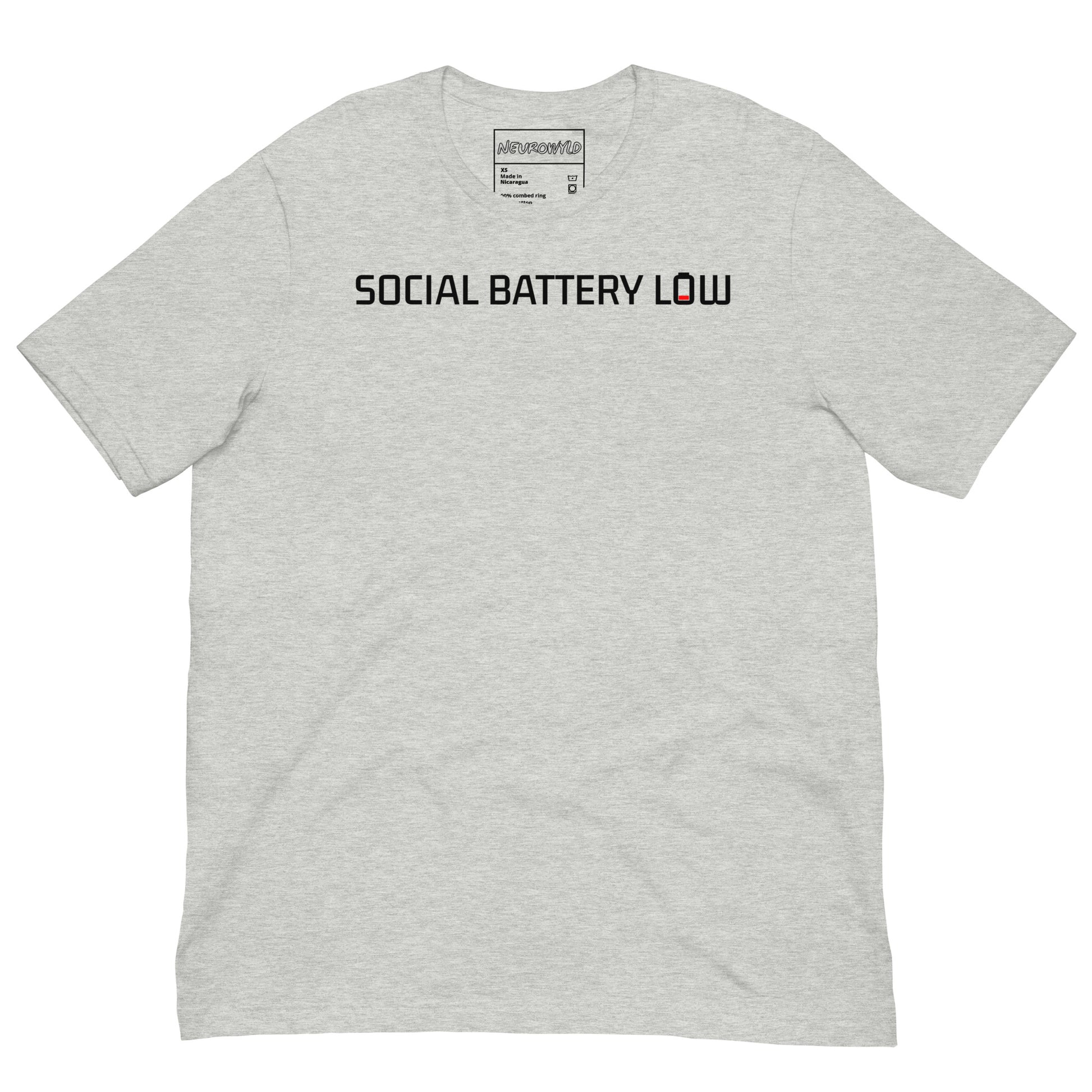 Gray t-shirt with bold black text reading ‘SOCIAL BATTERY LOW,’ featuring a small red low-battery icon at the end, symbolizing introvert and neurodivergent humor.