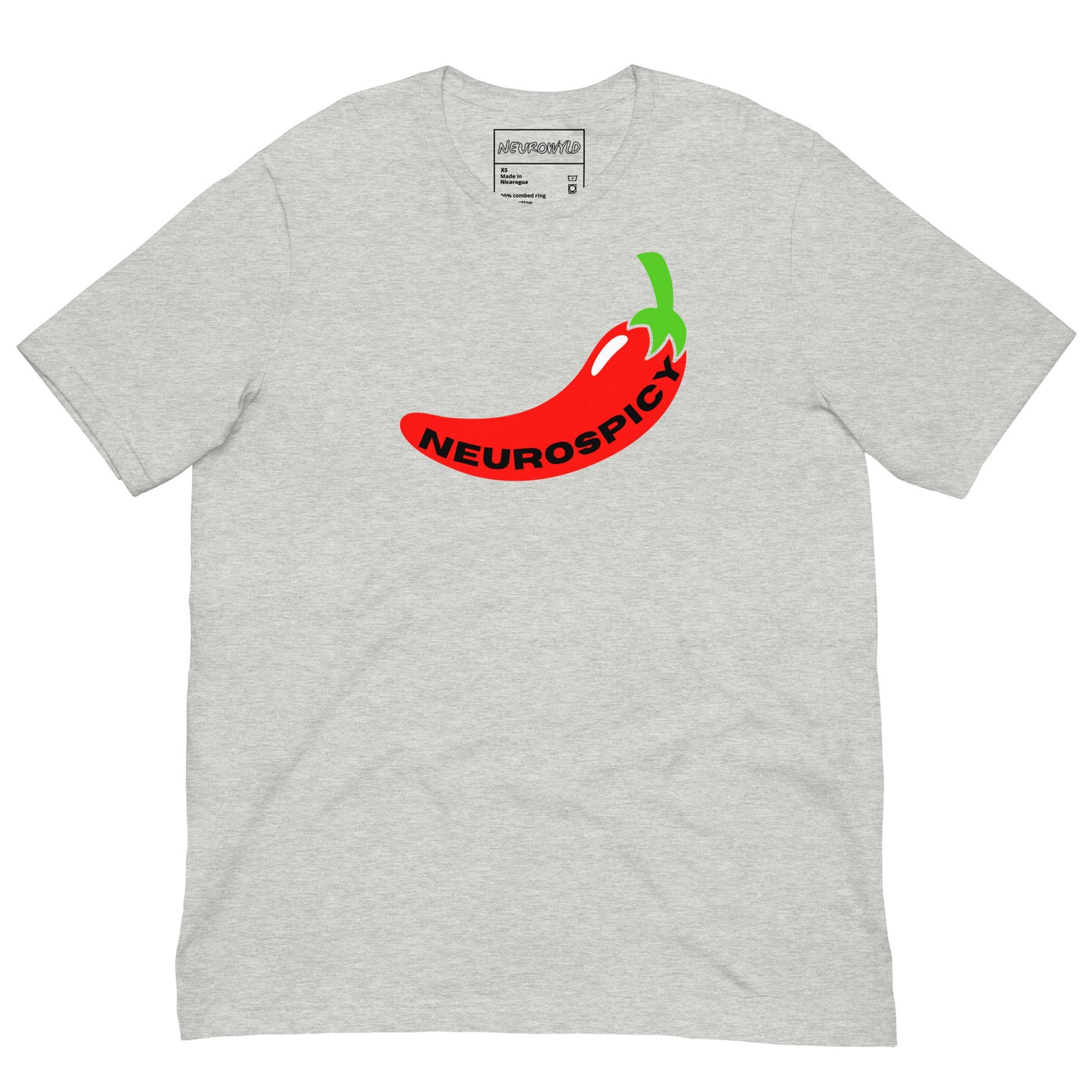 gray t-shirt featuring a bold red chili pepper graphic with a green stem. The word 'Neurospicy' is written in black along the curve of the pepper.