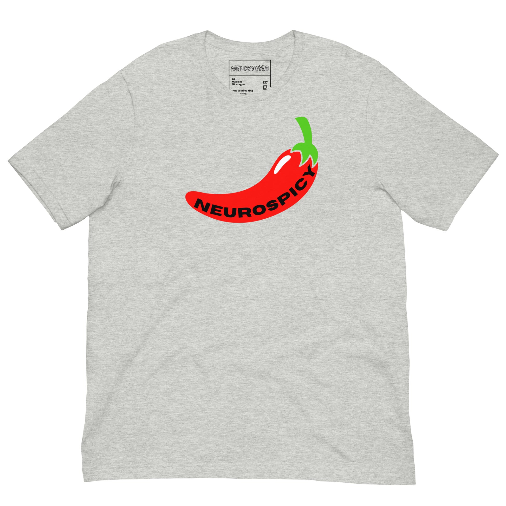 gray t-shirt featuring a bold red chili pepper graphic with a green stem. The word 'Neurospicy' is written in black along the curve of the pepper.