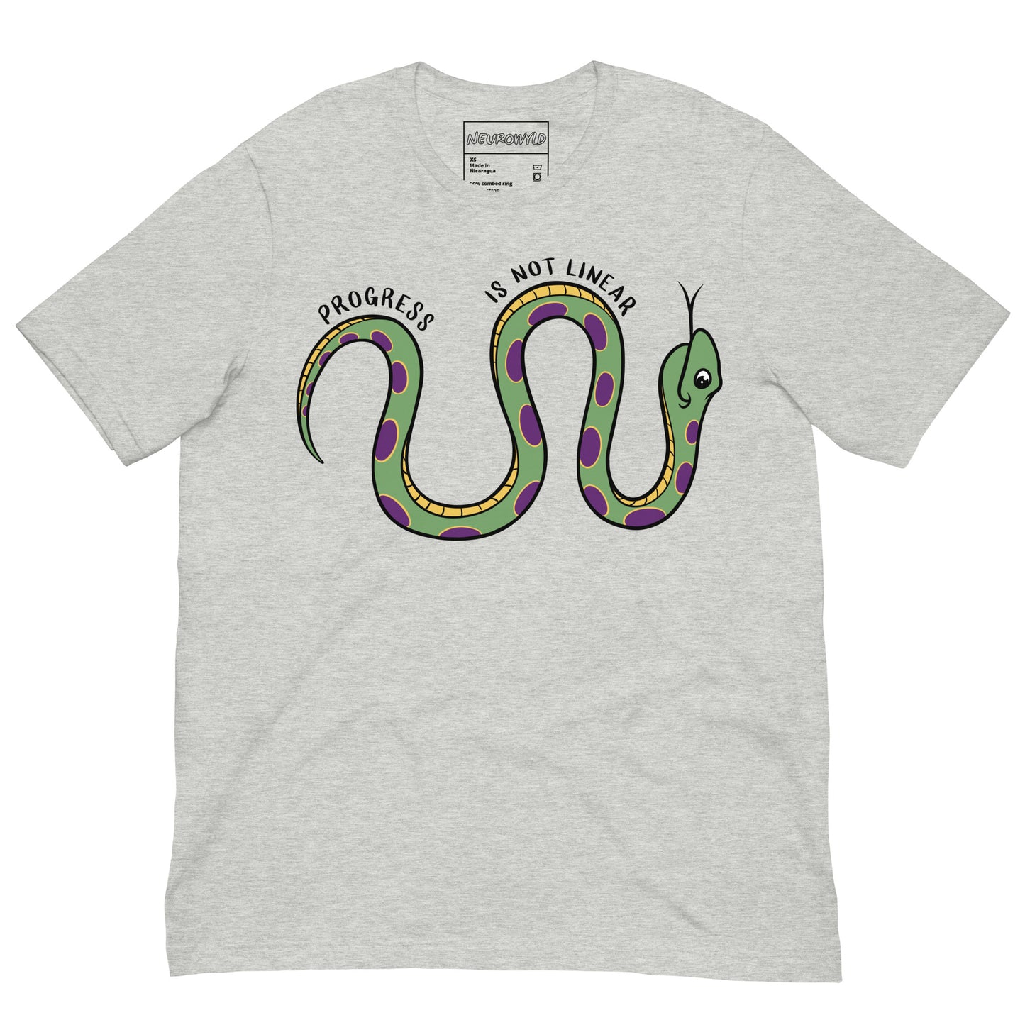 gray teal t-shirt featuring a cartoon snake with green and purple spots, coiled in a wavy shape. Above the snake, the text reads 'Progress Is Not Linear' in black curved lettering.