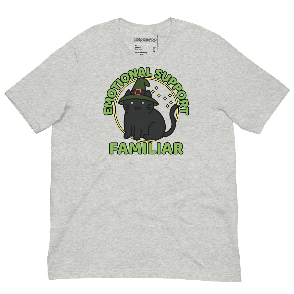 gray T-shirt with a cute black cat wearing a witch hat, surrounded by stars, with the text “Emotional Support Familiar.”