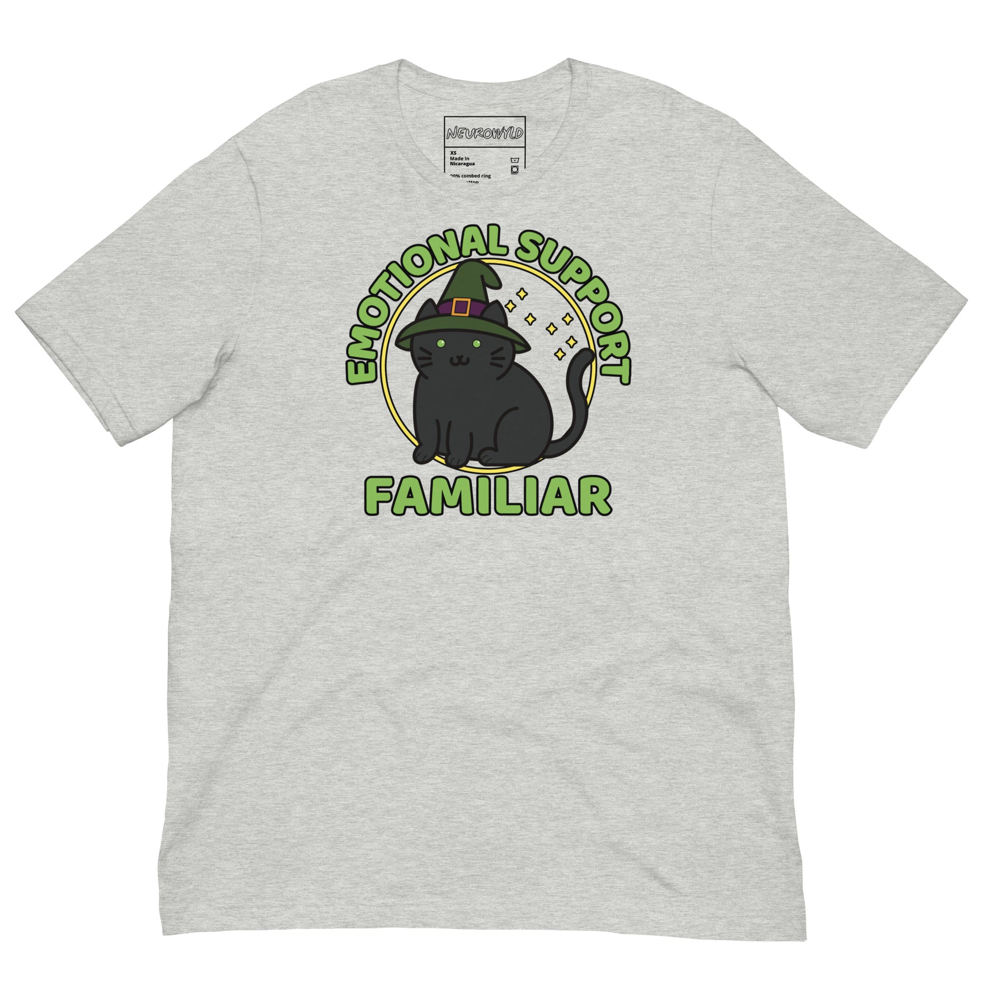 gray T-shirt with a cute black cat wearing a witch hat, surrounded by stars, with the text “Emotional Support Familiar.”