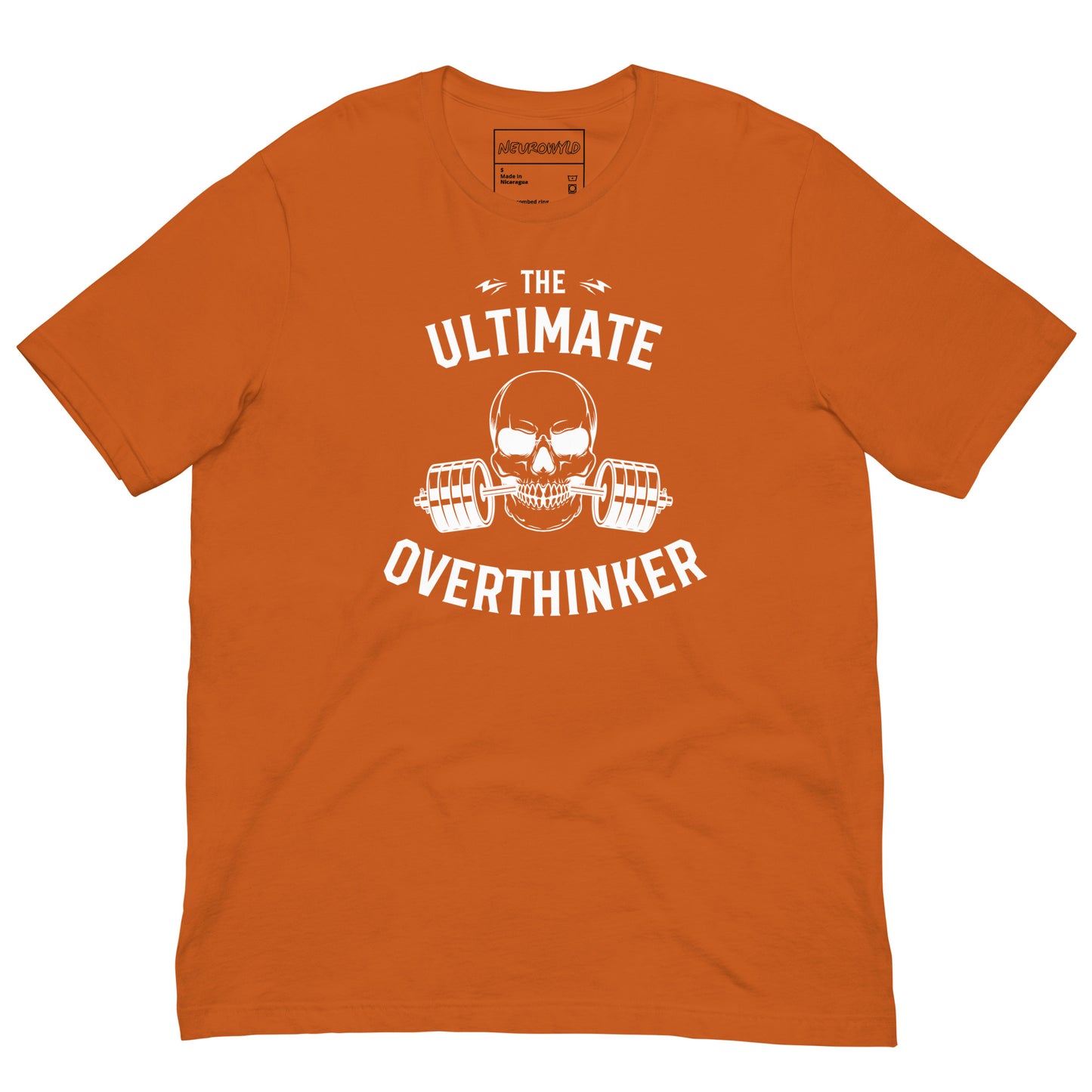 orange t-shirt featuring a bold white graphic of a skull biting a barbell with weights. Above and below the design, text reads: 'The Ultimate Overthinker.'
