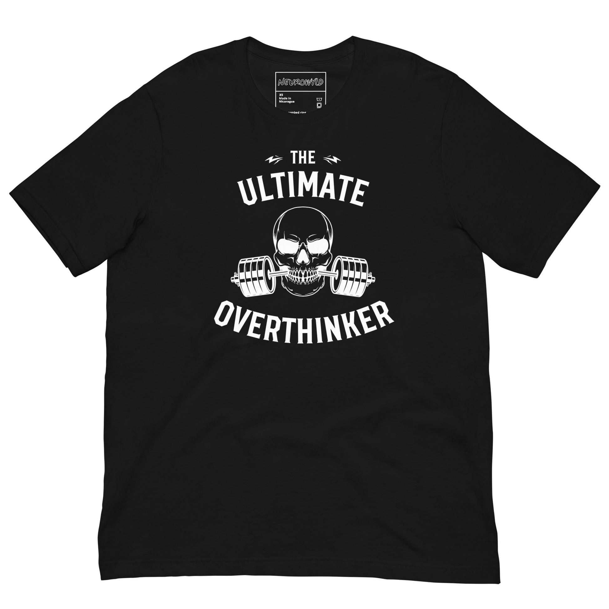 Black t-shirt featuring a bold white graphic of a skull biting a barbell with weights. Above and below the design, text reads: 'The Ultimate Overthinker.'