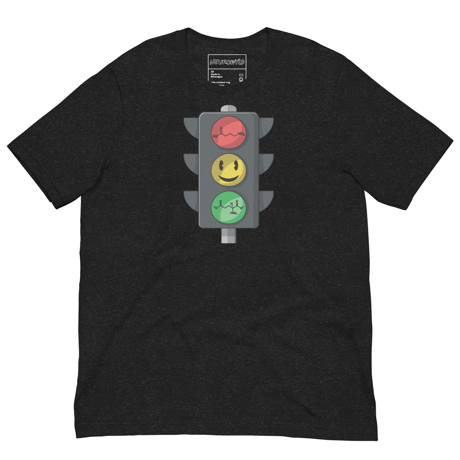 Black t-shirt with a traffic light emoji design on a white background