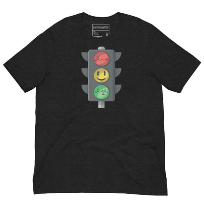 Black t-shirt with a traffic light emoji design on a white background