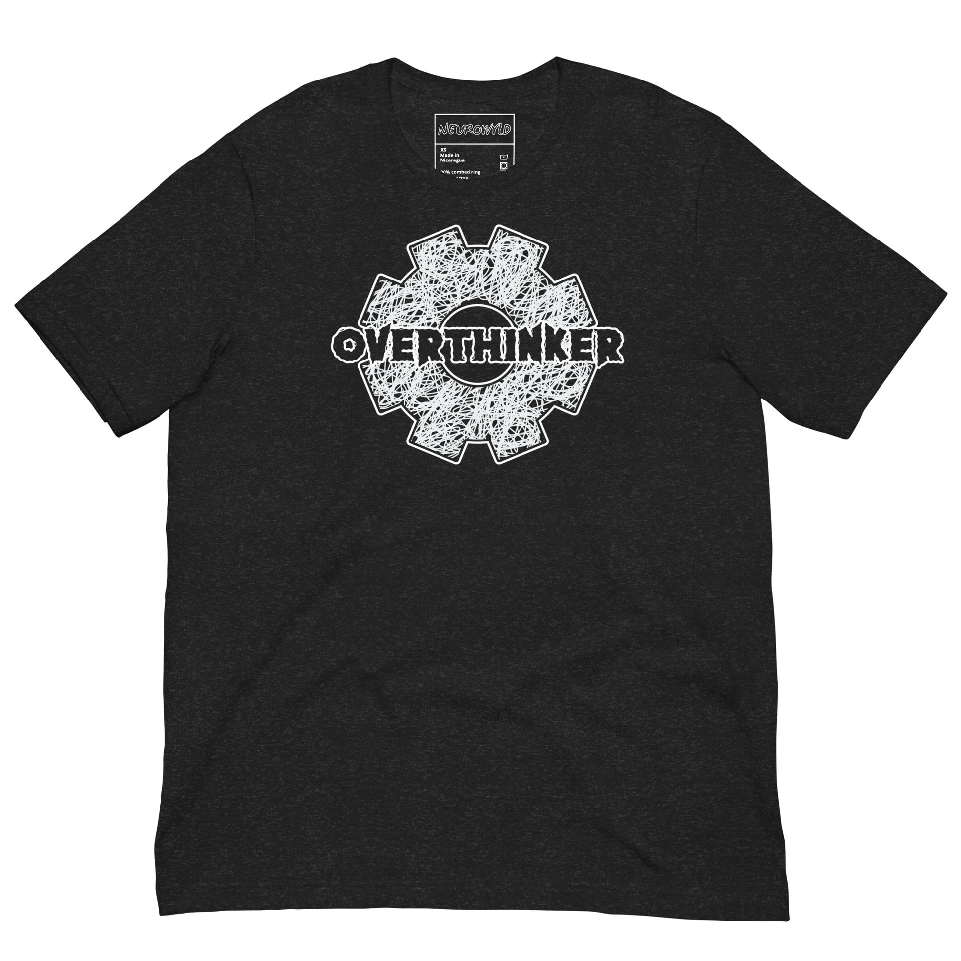 Black t-shirt with a white gear-shaped graphic filled with chaotic scribble lines and the word ‘Overthinker’ bold across the center.