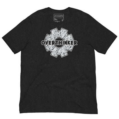 Black t-shirt with a white gear-shaped graphic filled with chaotic scribble lines and the word ‘Overthinker’ bold across the center.