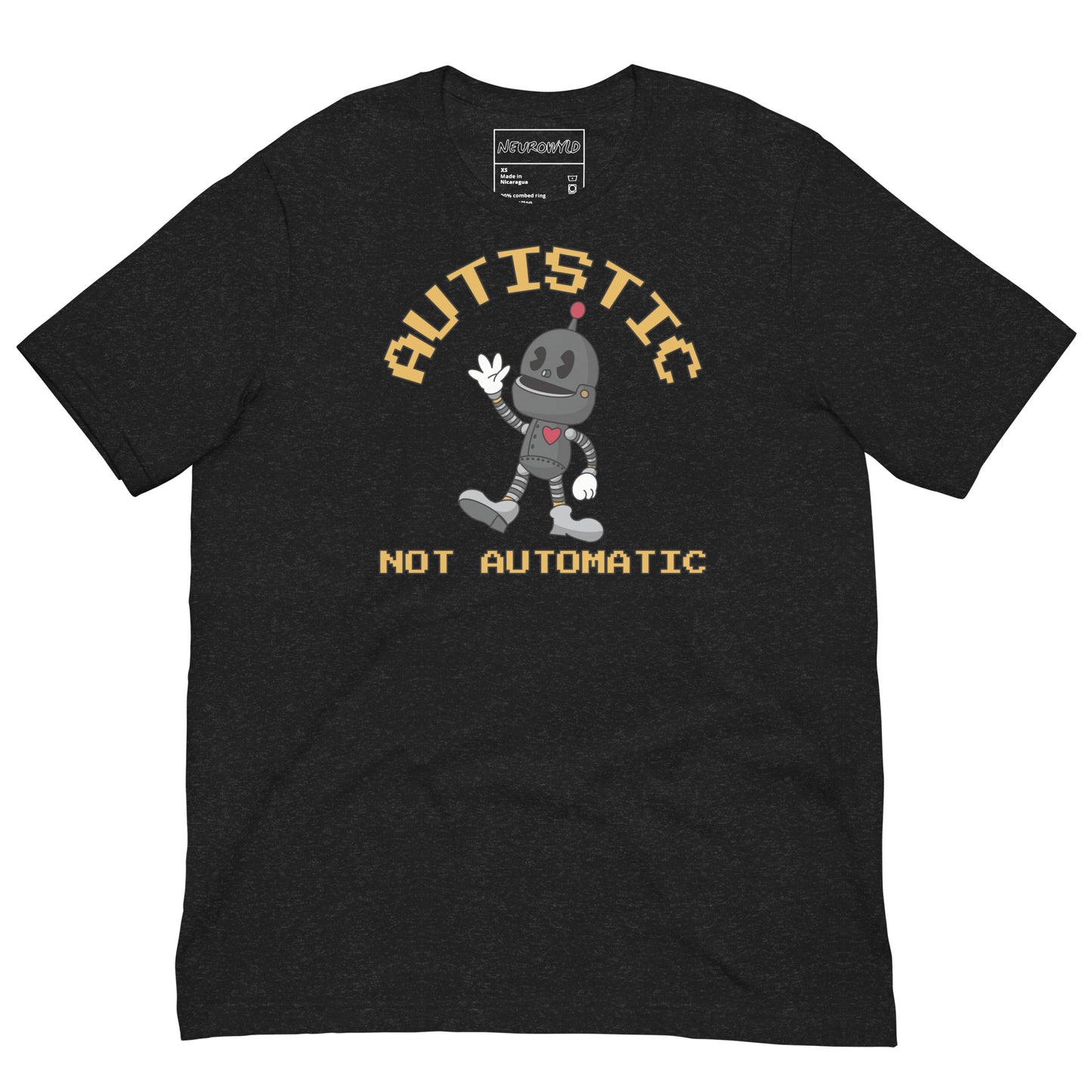Black t-shirt with a cartoon robot graphic and pixel-style text that reads ‘Autistic Not Automatic,’ celebrating neurodiversity with retro design flair.