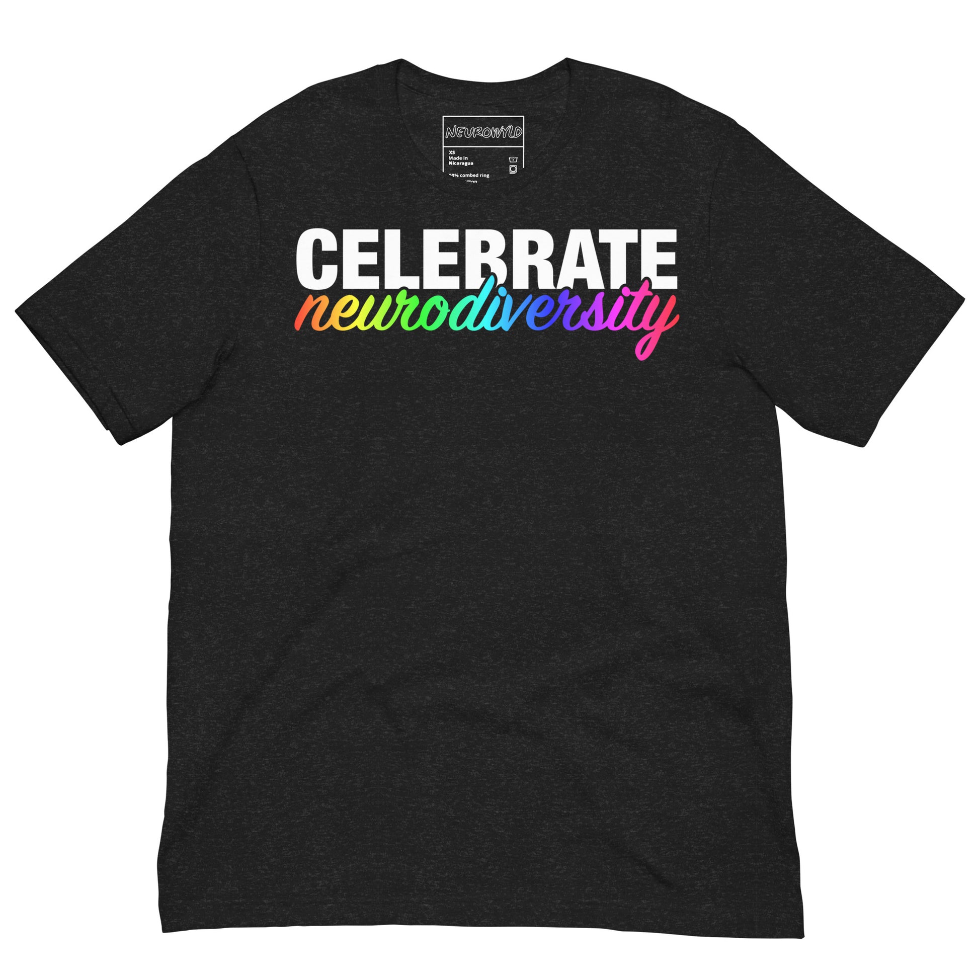 Black t-shirt with bold text reading ‘Celebrate neurodiversity.’ The word ‘Celebrate’ is in white block letters, while ‘neurodiversity’ is in a rainbow gradient script font, symbolizing pride and inclusion.
