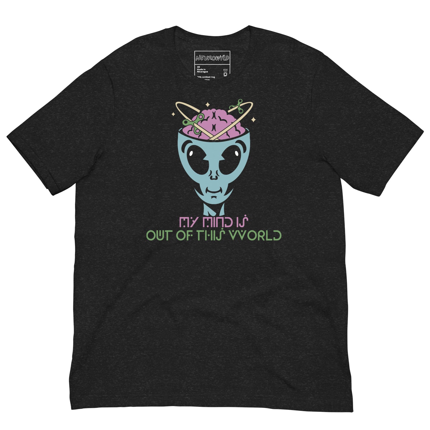 Black t-shirt featuring a blue alien with an open head showing a pink brain orbited by planets. Text below reads: ‘My Mind is Out of This World’ in retro pastel font.