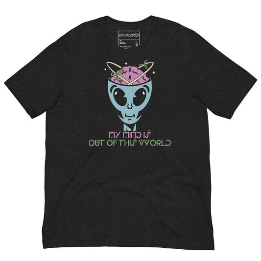 Black t-shirt featuring a blue alien with an open head showing a pink brain orbited by planets. Text below reads: ‘My Mind is Out of This World’ in retro pastel font.