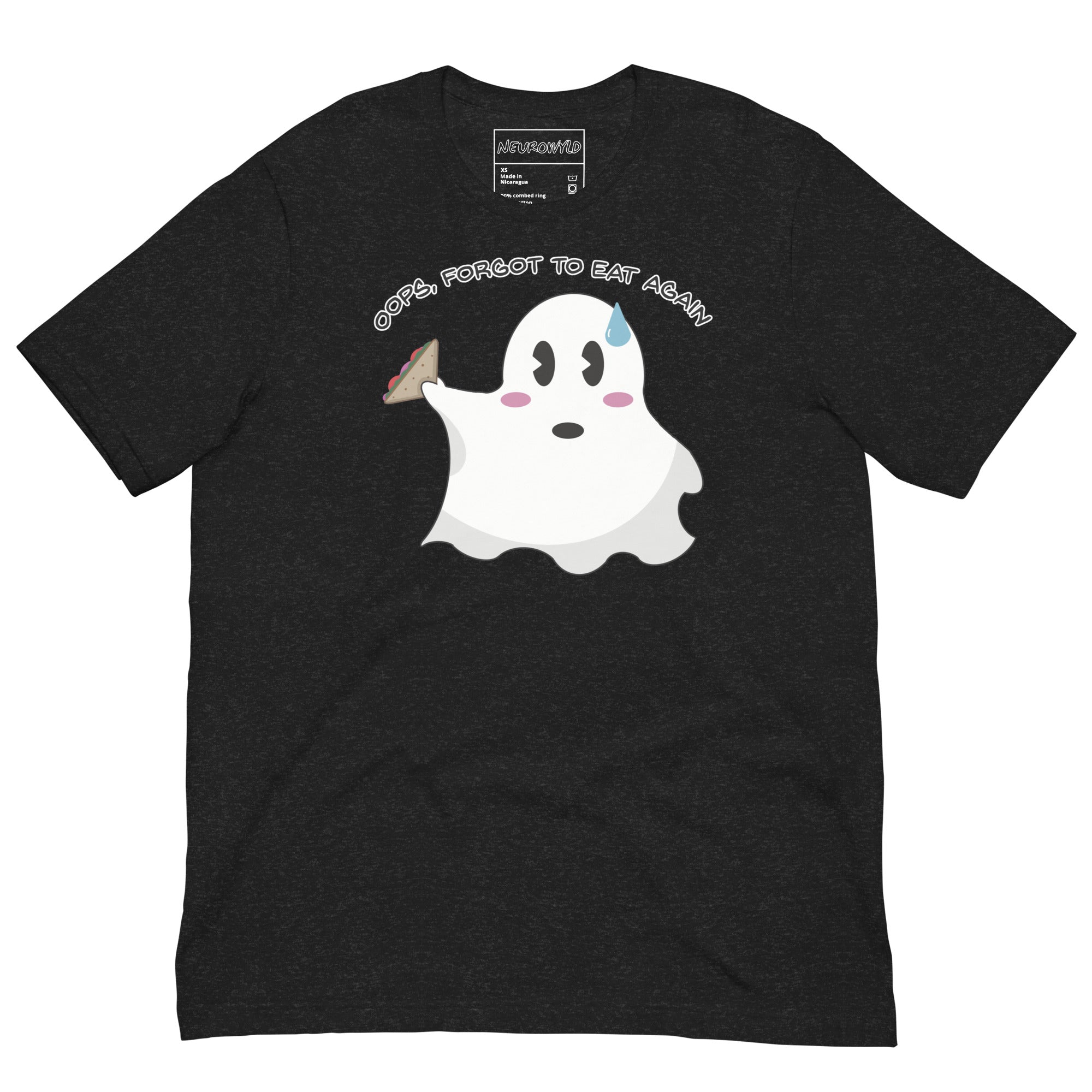 black t-shirt featuring a cute ghost holding a sandwich with a sweat drop on its forehead. Above the ghost, playful text reads: 'Oops, Forgot to Eat Again.