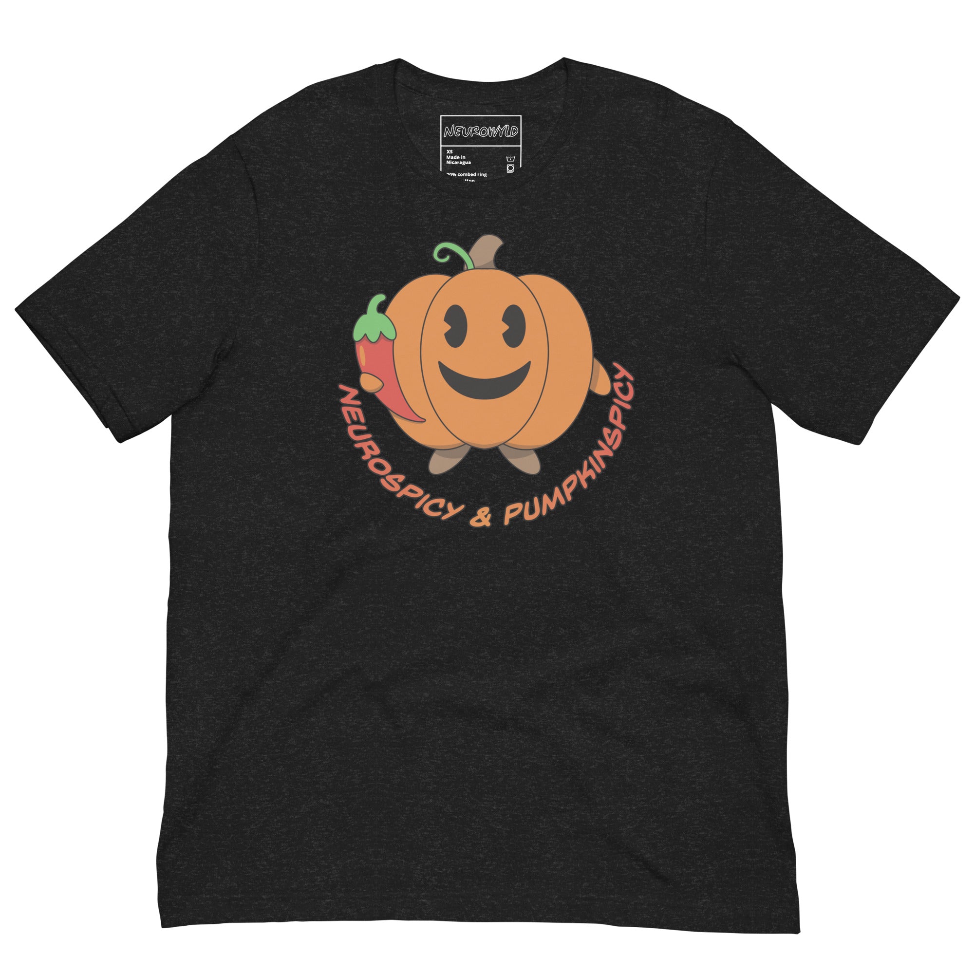 black t-shirt with a smiling pumpkin holding a red chili pepper. Below the design, playful text reads: 'Neurospicy & Pumpkinspicy.'