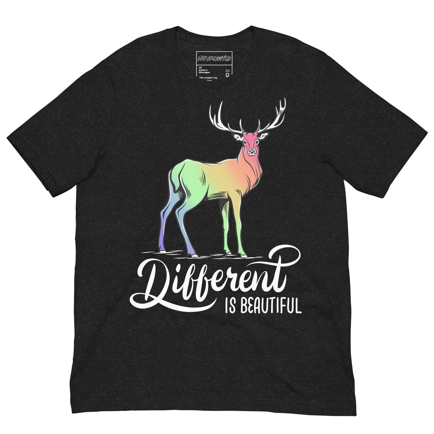 black t-shirt featuring a colorful gradient deer illustration with rainbow hues across its body. Below the deer, bold white script reads 'Different is Beautiful.'