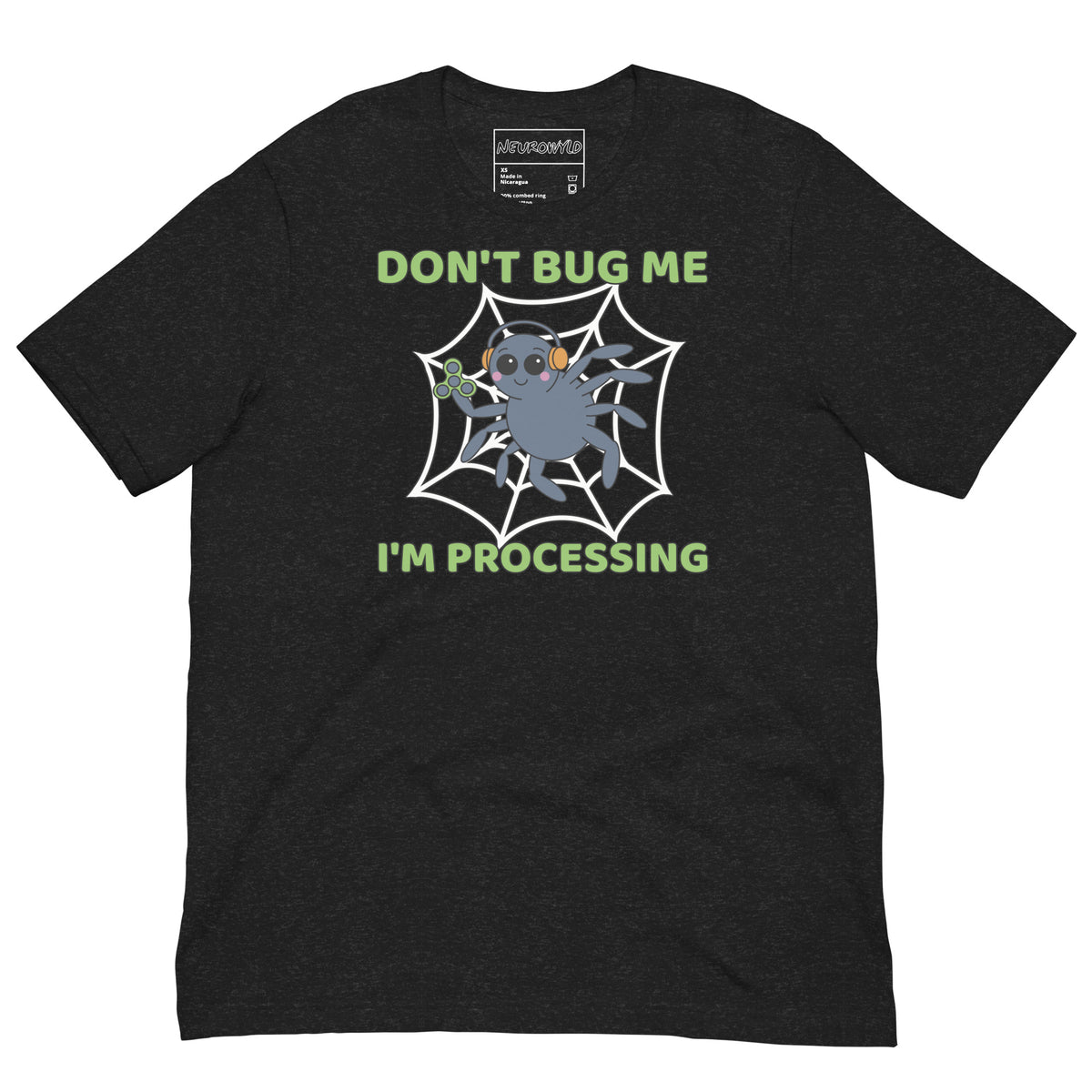 black t-shirt featuring a cartoon spider sitting in a web, wearing orange headphones and holding a green fidget spinner. Above the spider, bold green text reads 'Don't Bug Me,' and below it says 'I'm Processing'.