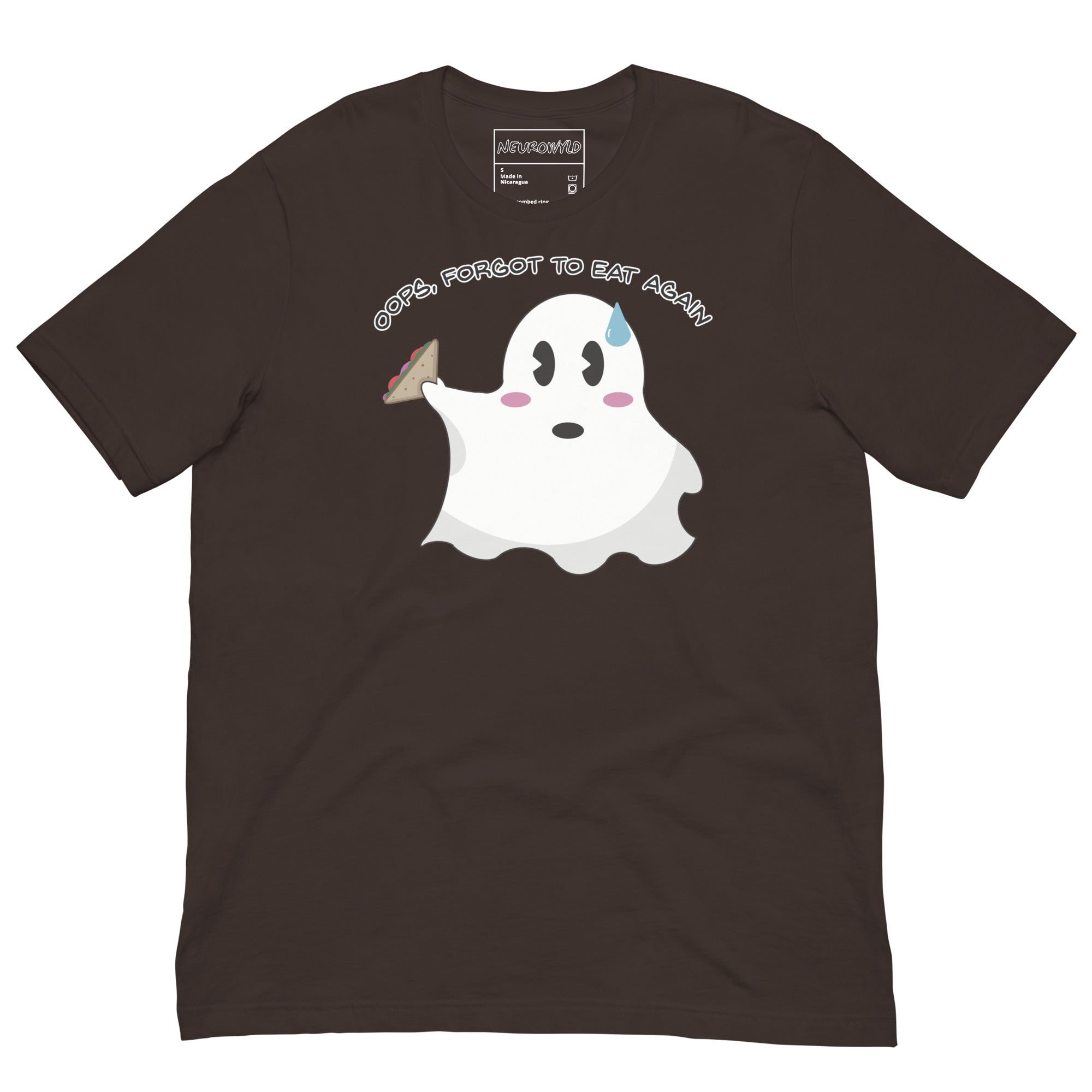 brown t-shirt featuring a cute ghost holding a sandwich with a sweat drop on its forehead. Above the ghost, playful text reads: 'Oops, Forgot to Eat Again.