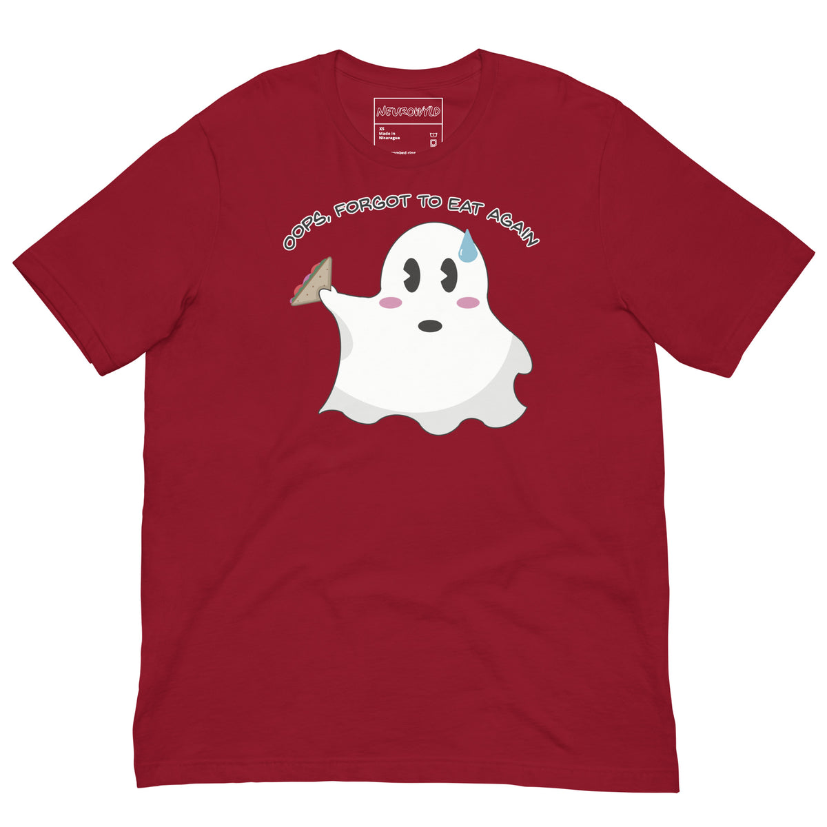 red t-shirt featuring a cute ghost holding a sandwich with a sweat drop on its forehead. Above the ghost, playful text reads: 'Oops, Forgot to Eat Again.