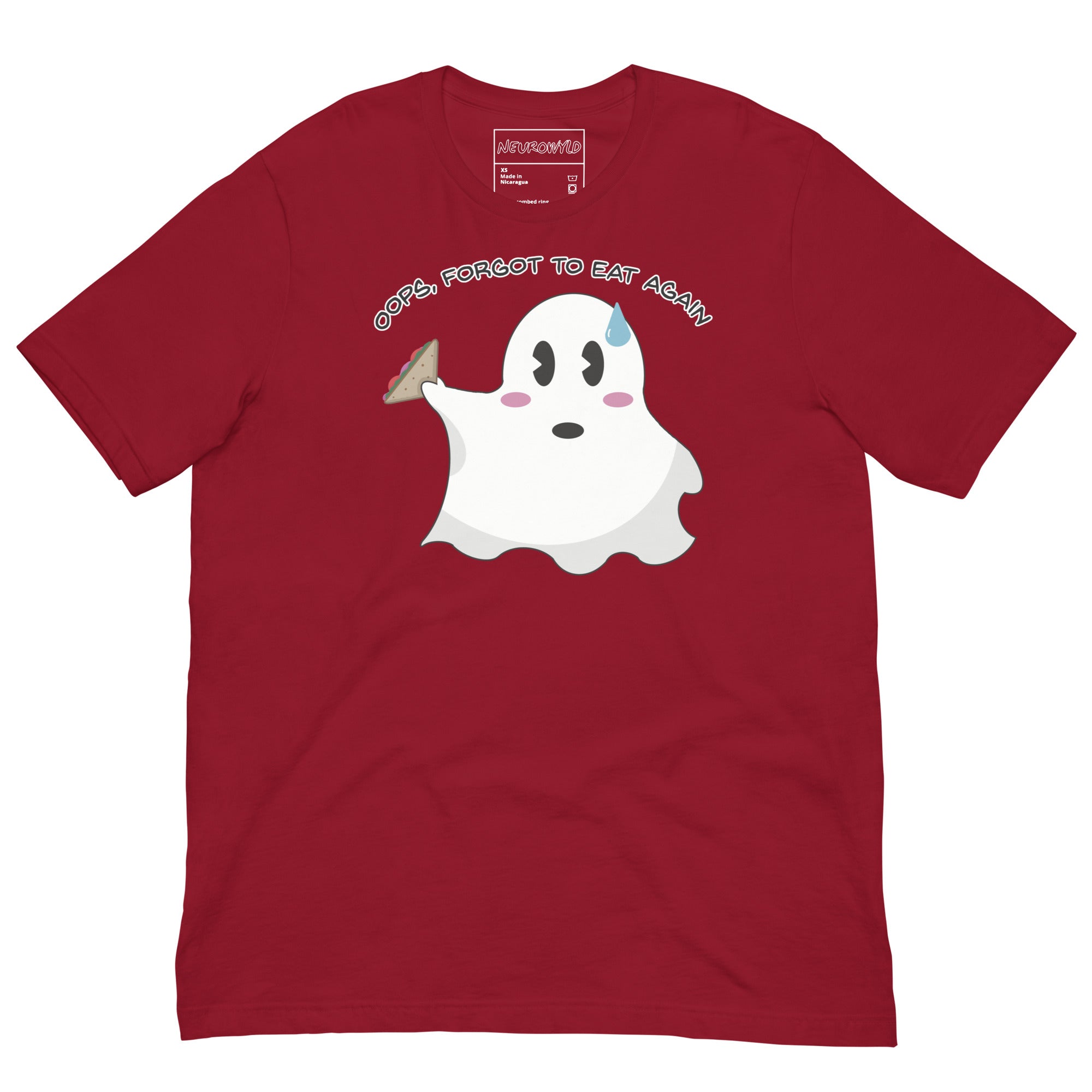 red t-shirt featuring a cute ghost holding a sandwich with a sweat drop on its forehead. Above the ghost, playful text reads: 'Oops, Forgot to Eat Again.