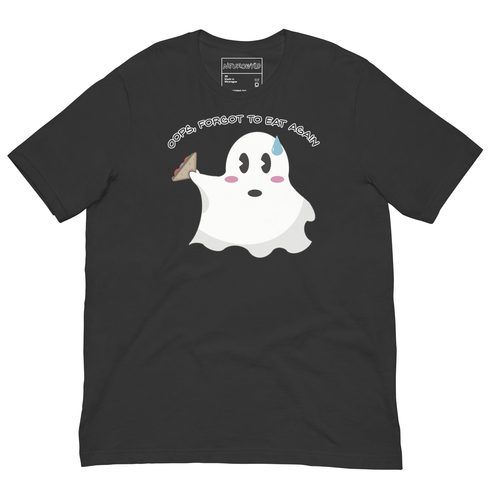 dark gray t-shirt featuring a cute ghost holding a sandwich with a sweat drop on its forehead. Above the ghost, playful text reads: 'Oops, Forgot to Eat Again.