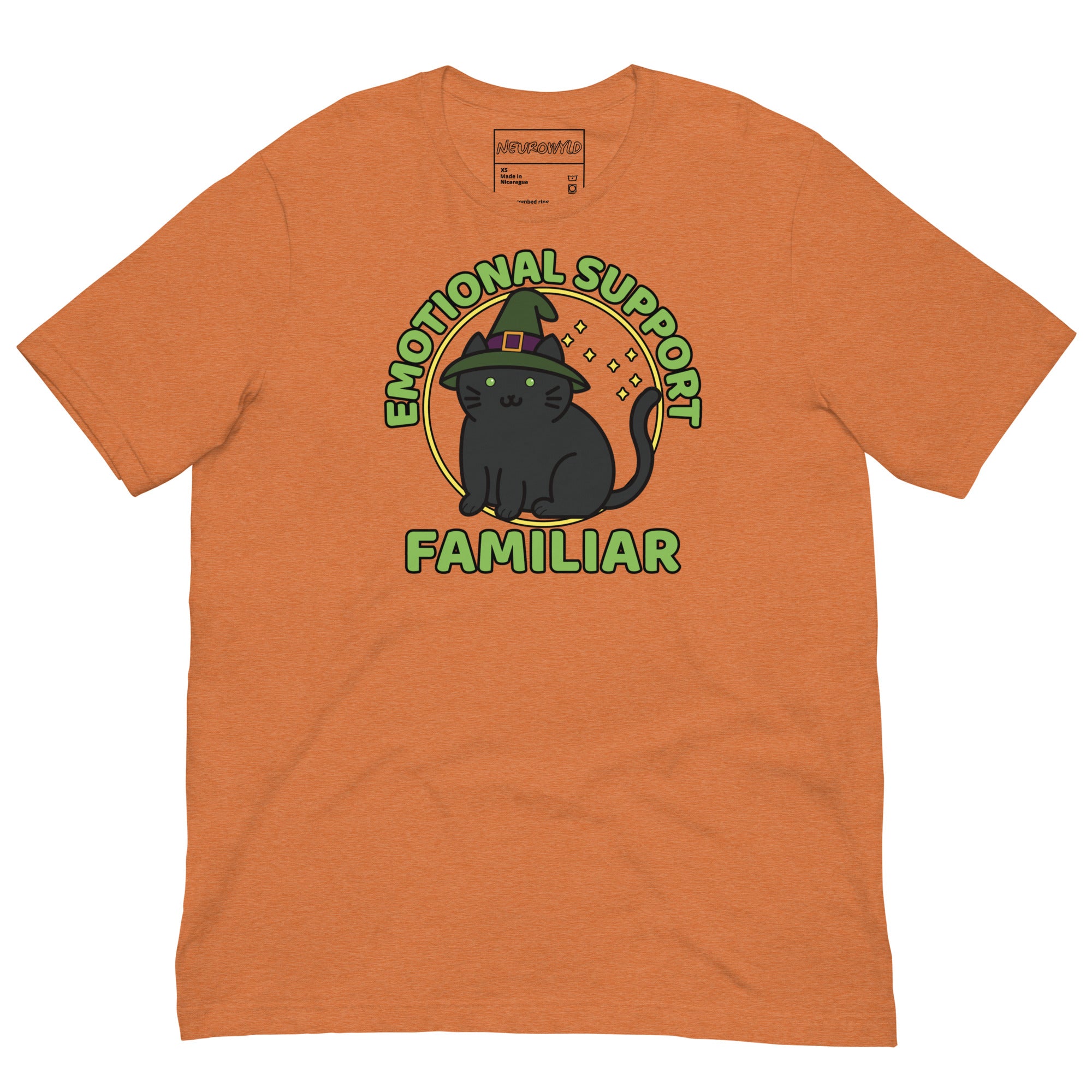 Orange T-shirt with a cute black cat wearing a witch hat, surrounded by stars, with the text “Emotional Support Familiar.”