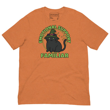Orange T-shirt with a cute black cat wearing a witch hat, surrounded by stars, with the text “Emotional Support Familiar.”