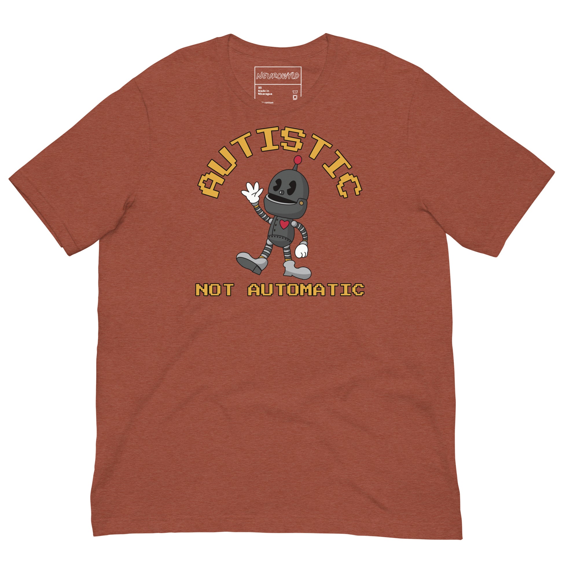 Clay t-shirt with a cartoon robot graphic and pixel-style text that reads ‘Autistic Not Automatic,’ celebrating neurodiversity with retro design flair.