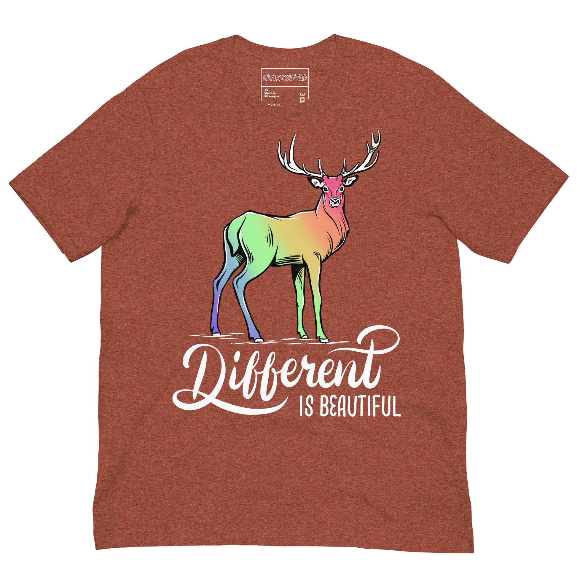 clay t-shirt featuring a colorful gradient deer illustration with rainbow hues across its body. Below the deer, bold white script reads 'Different is Beautiful.'