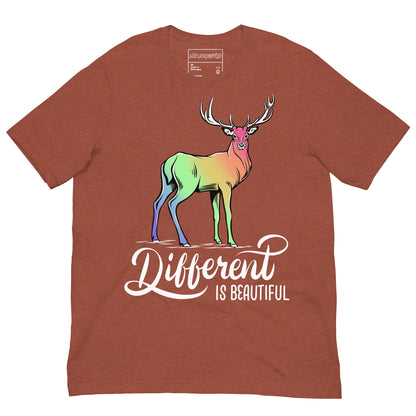 clay t-shirt featuring a colorful gradient deer illustration with rainbow hues across its body. Below the deer, bold white script reads 'Different is Beautiful.'