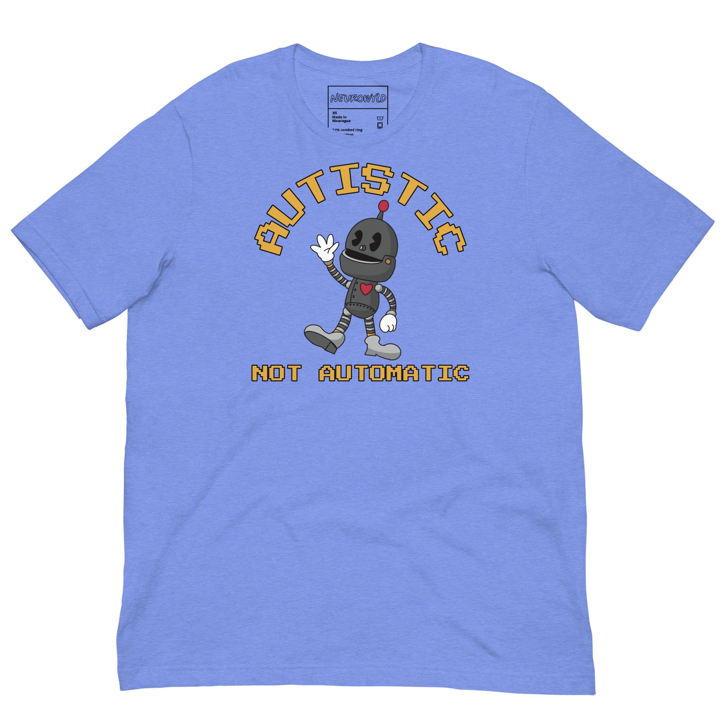 Light blue t-shirt with a cartoon robot graphic and pixel-style text that reads ‘Autistic Not Automatic,’ celebrating neurodiversity with retro design flair.