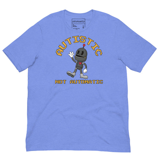 Light blue t-shirt with a cartoon robot graphic and pixel-style text that reads ‘Autistic Not Automatic,’ celebrating neurodiversity with retro design flair.