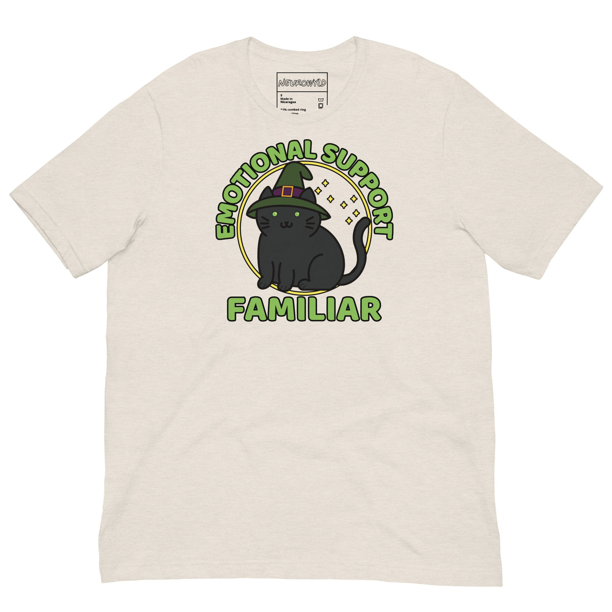 heather dust T-shirt with a cute black cat wearing a witch hat, surrounded by stars, with the text “Emotional Support Familiar.”
