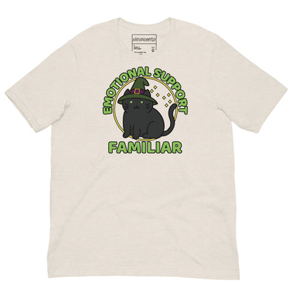 heather dust T-shirt with a cute black cat wearing a witch hat, surrounded by stars, with the text “Emotional Support Familiar.”