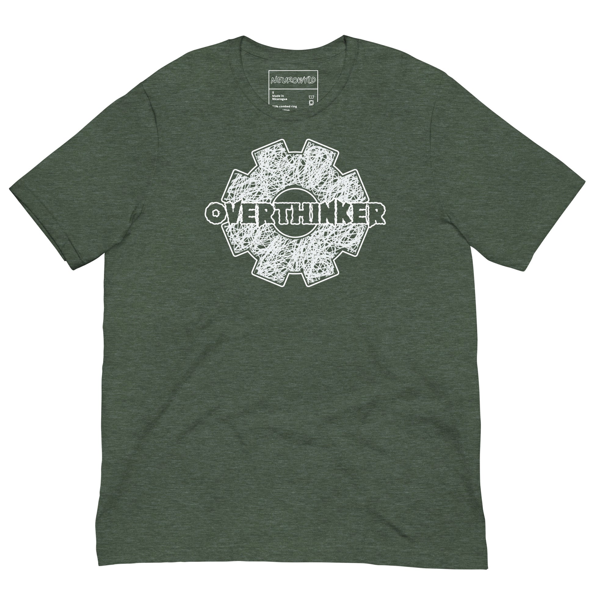 Green t-shirt with a white gear-shaped graphic filled with chaotic scribble lines and the word ‘Overthinker’ bold across the center.